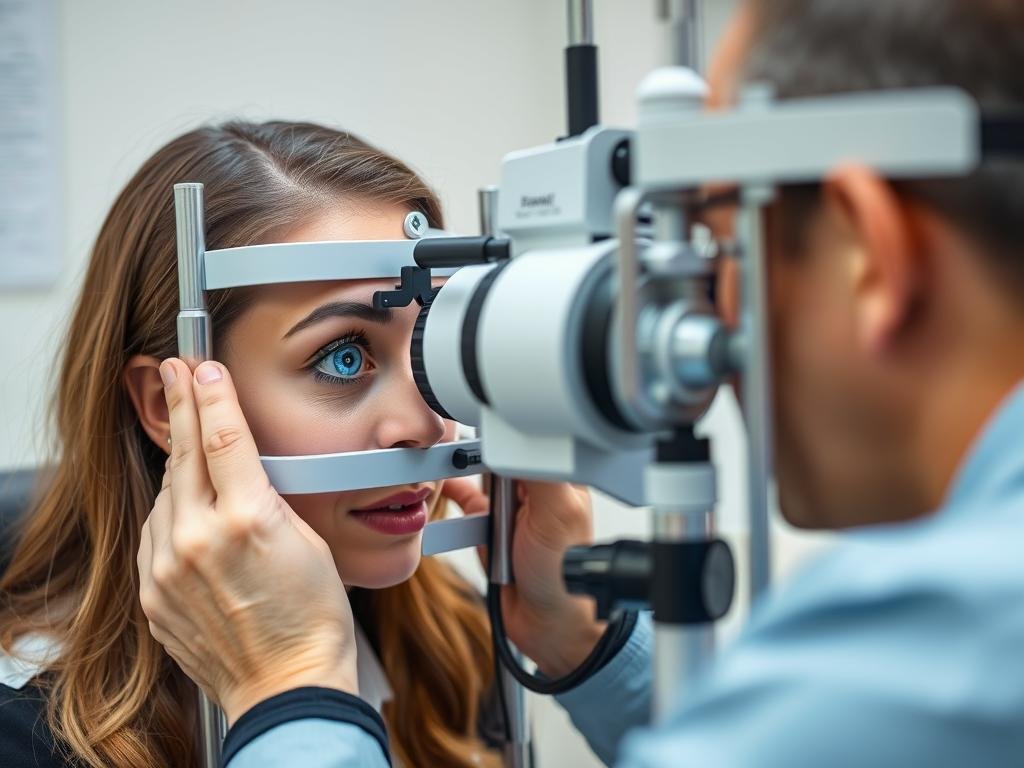 Person with visible stress rings receiving an eye examination