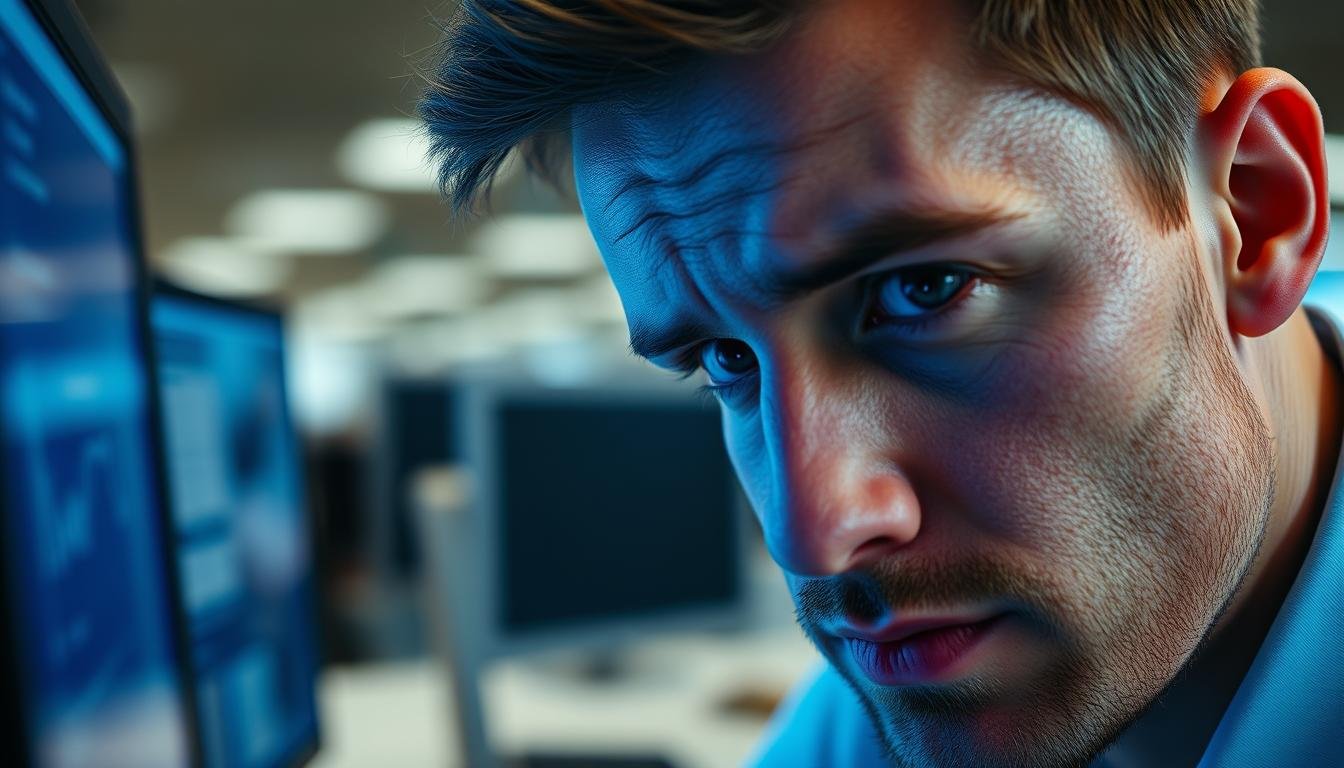 Person working at computer with visible eye strain