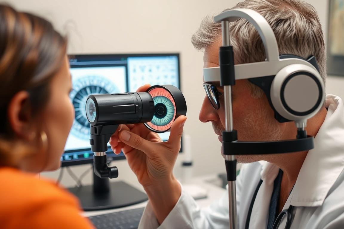 Practitioner analyzing a left iris chart with specialized equipment
