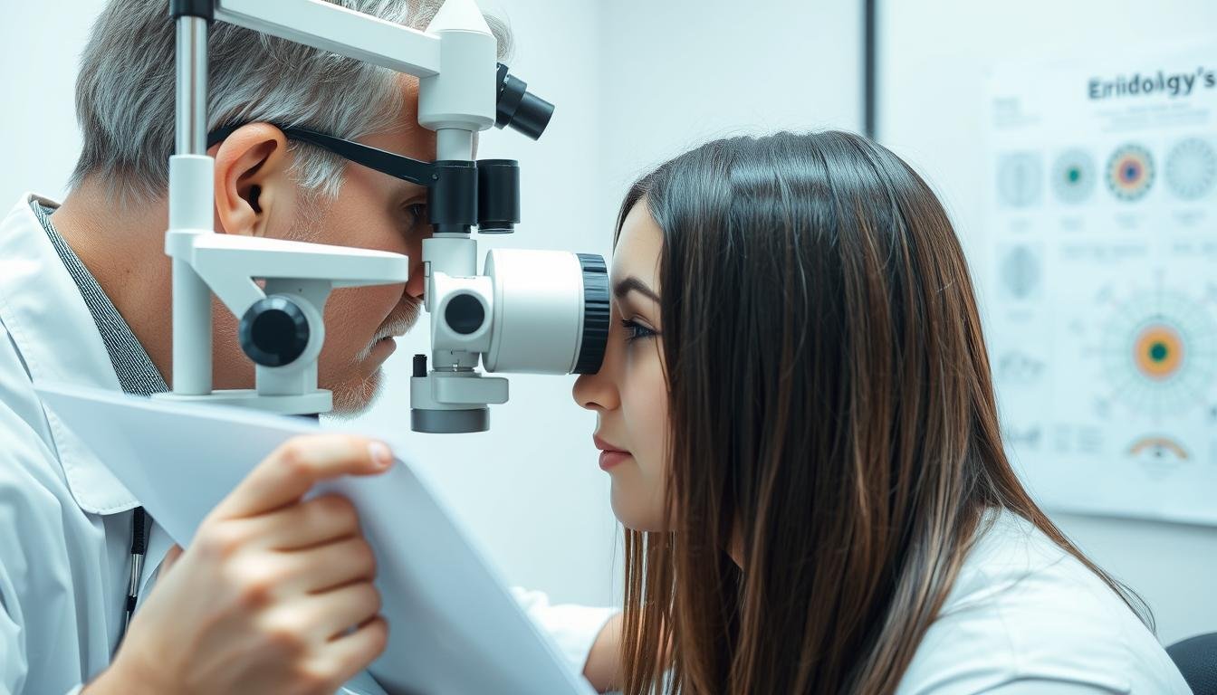 Practitioner analyzing an iris using an iridology chart