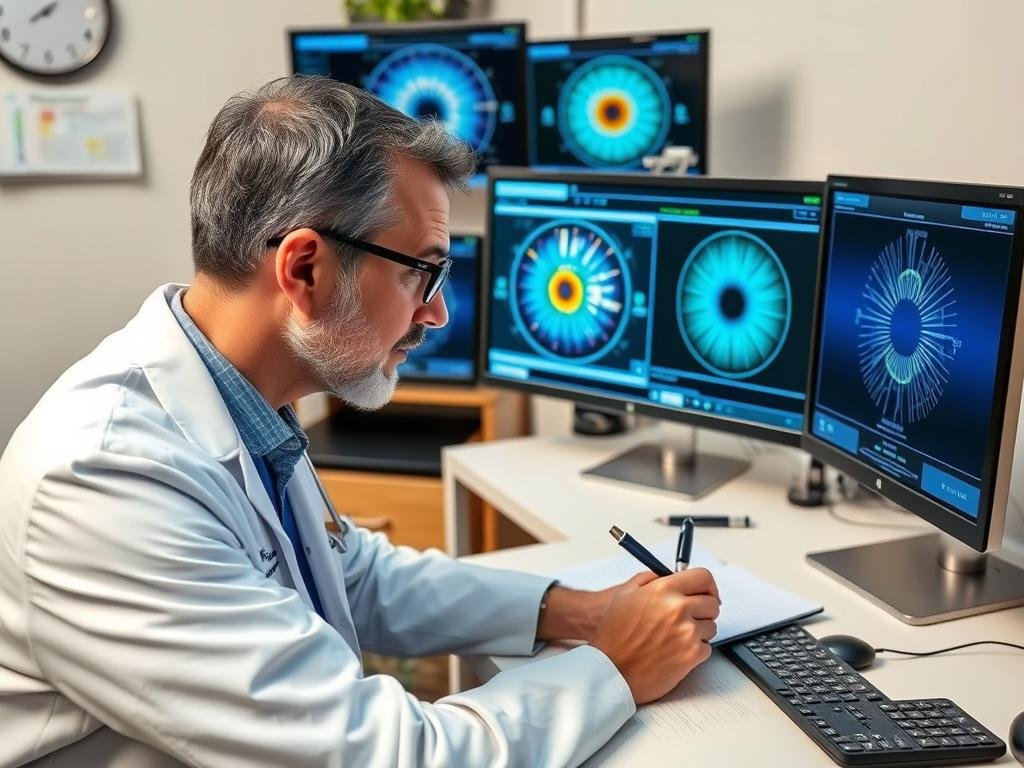 Practitioner analyzing iridology software results and making clinical notes