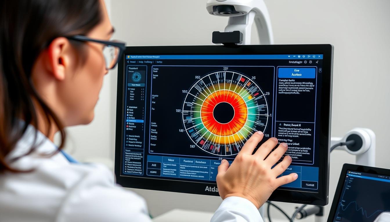 Practitioner analyzing iris photograph with digital iridology chart overlay