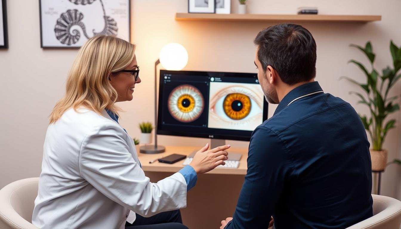 Practitioner and client reviewing digital iridology results together