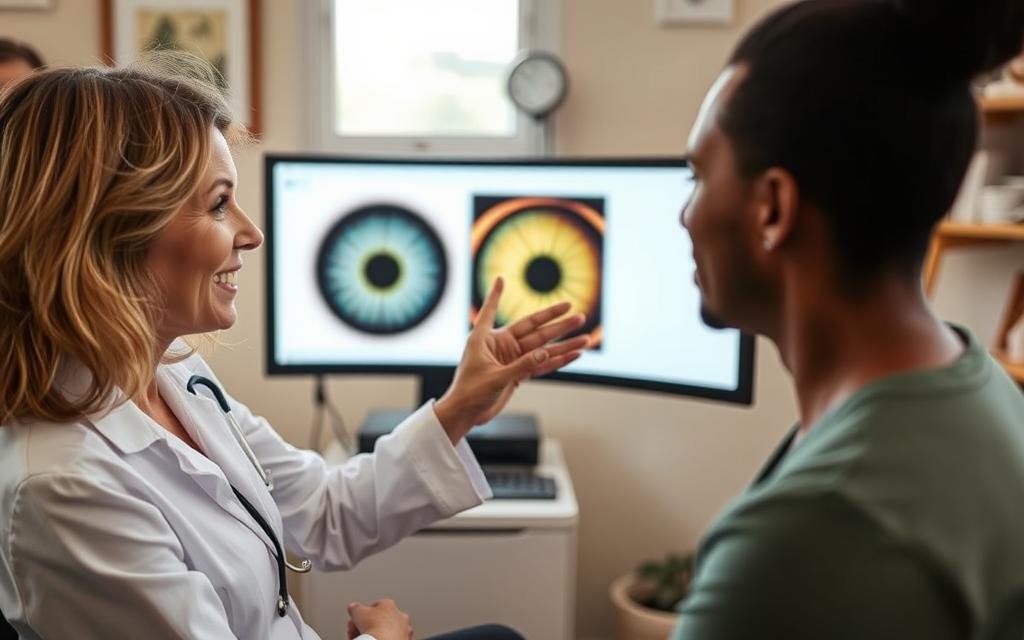 Practitioner discussing Right Eye Iridology findings with a client