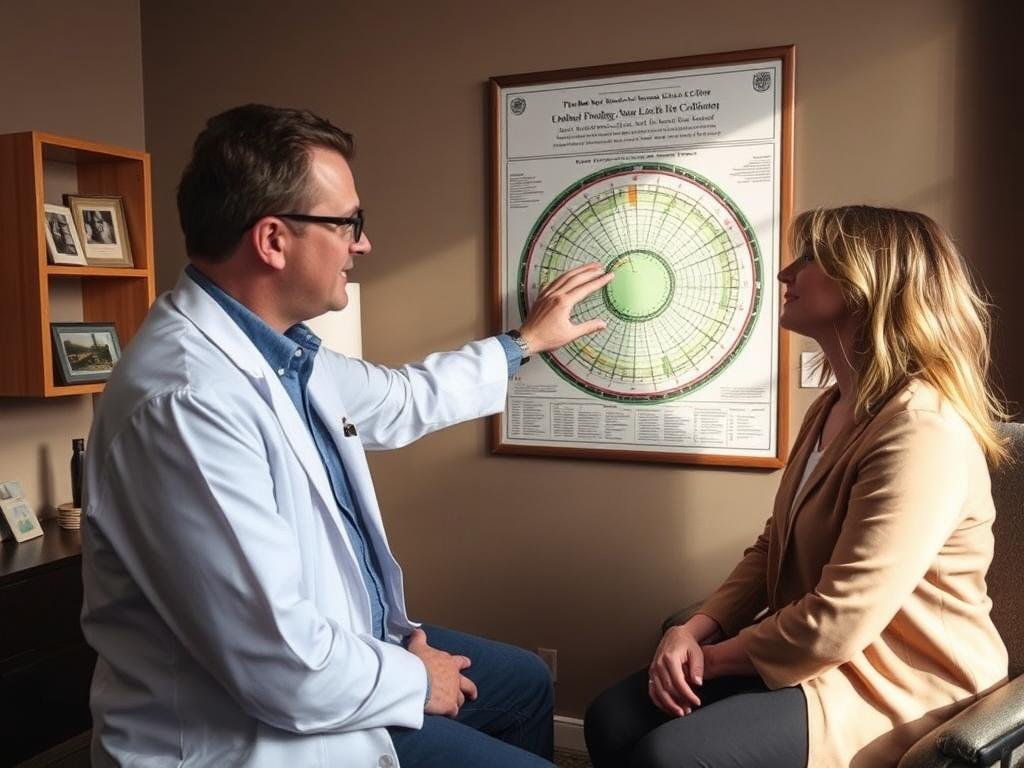 Practitioner discussing iridology chart findings with a client