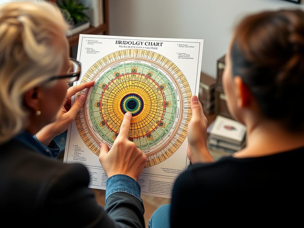 Practitioner explaining iridology chart to a client during consultation