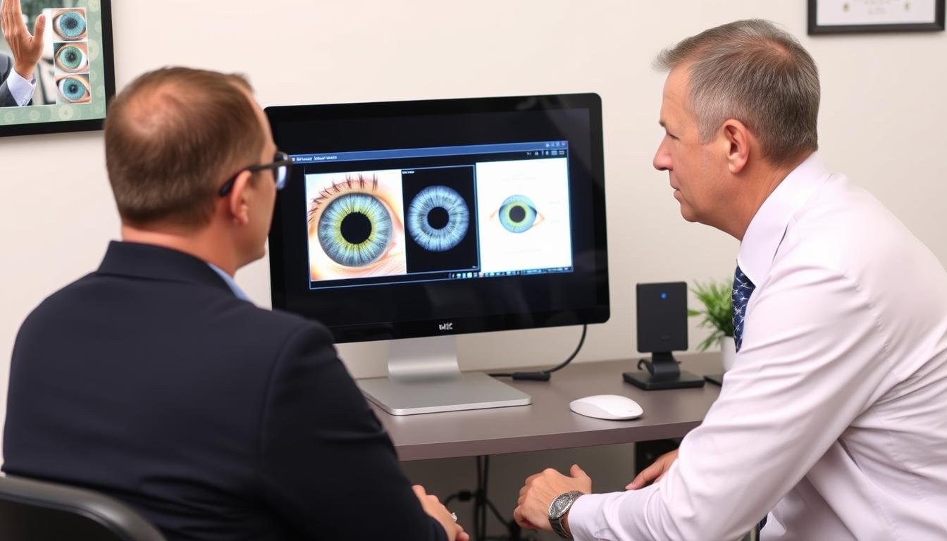 Practitioner reviewing digital iridology analysis with a client