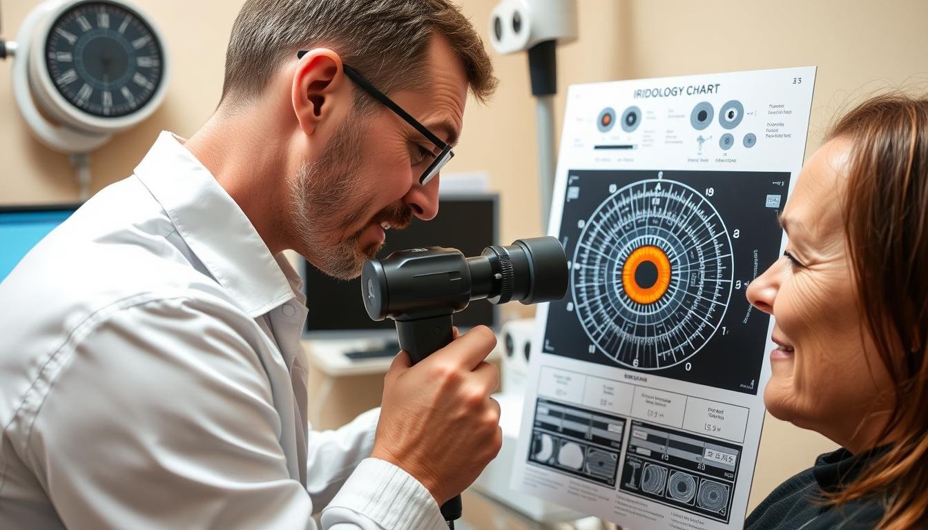 Practitioner using Iridology Chart Right Eye in a clinical setting