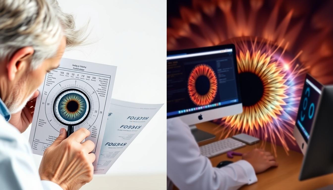 Practitioner using both traditional and digital iridology chart methods