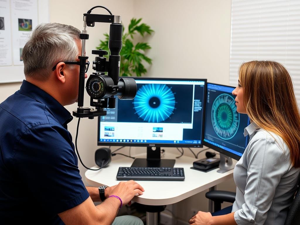 Practitioner using digital iridology equipment to analyze a client's iris