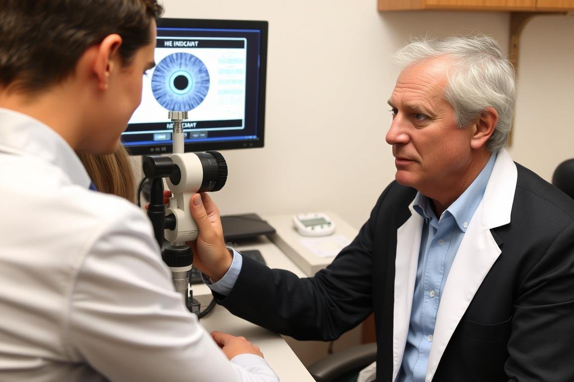 Practitioner using digital iridology equipment with a client Practitioner using digital iridology equipment with a client