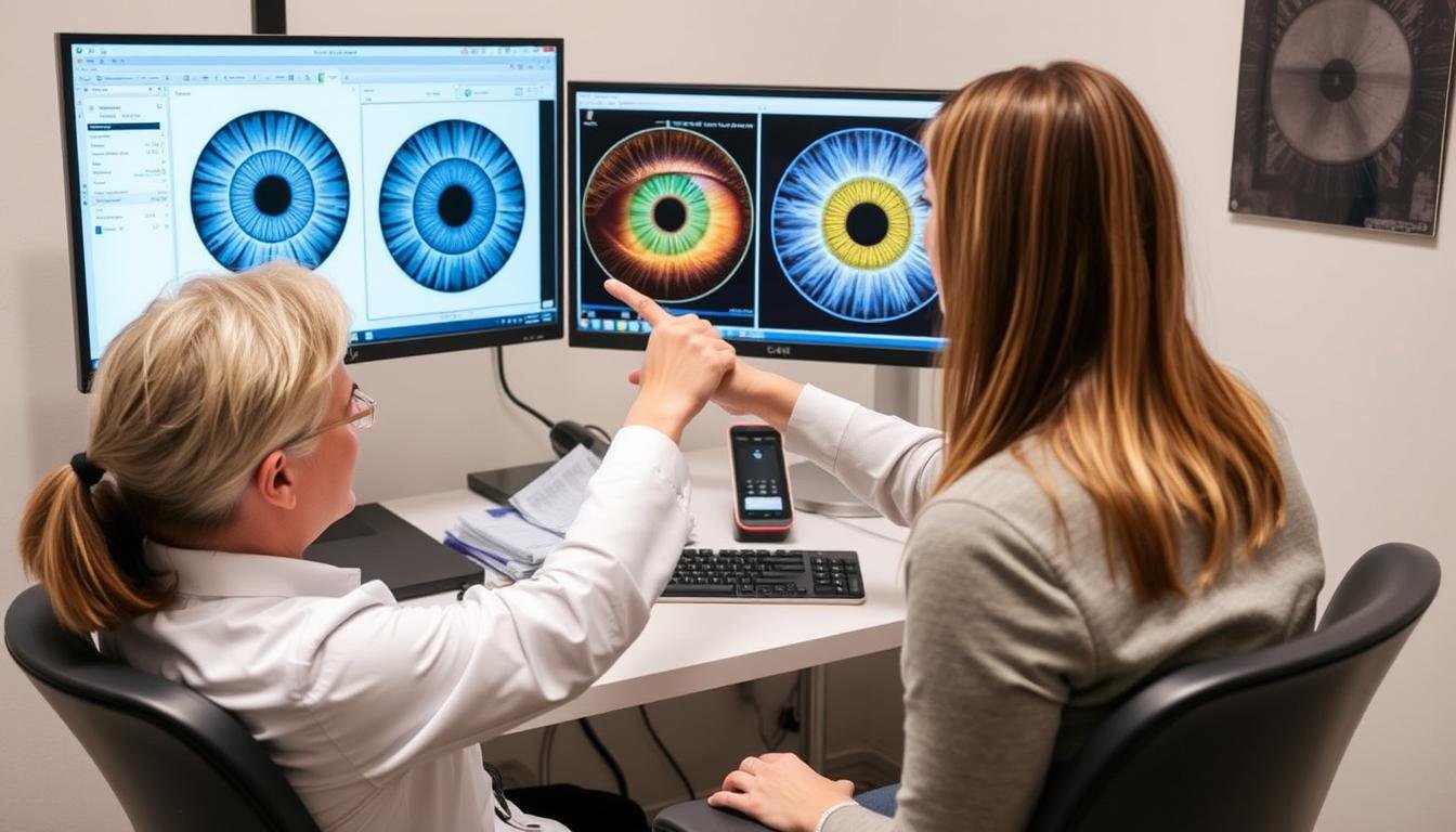 Practitioner using iridology software to analyze a patient's iris