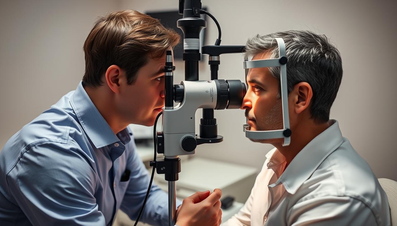 Professional Iridologist examining a client's iris with specialized equipment