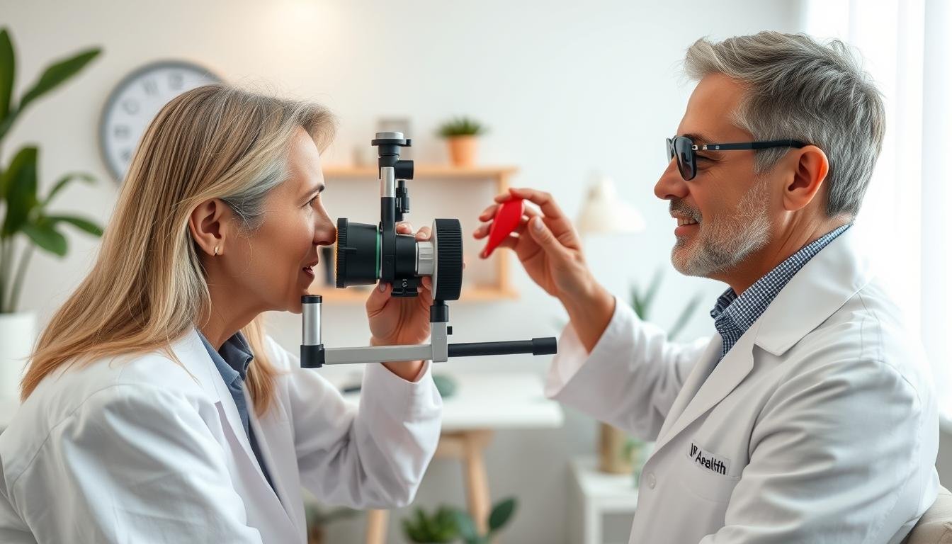 Professional Iridologist examining a client's iris with specialized equipment