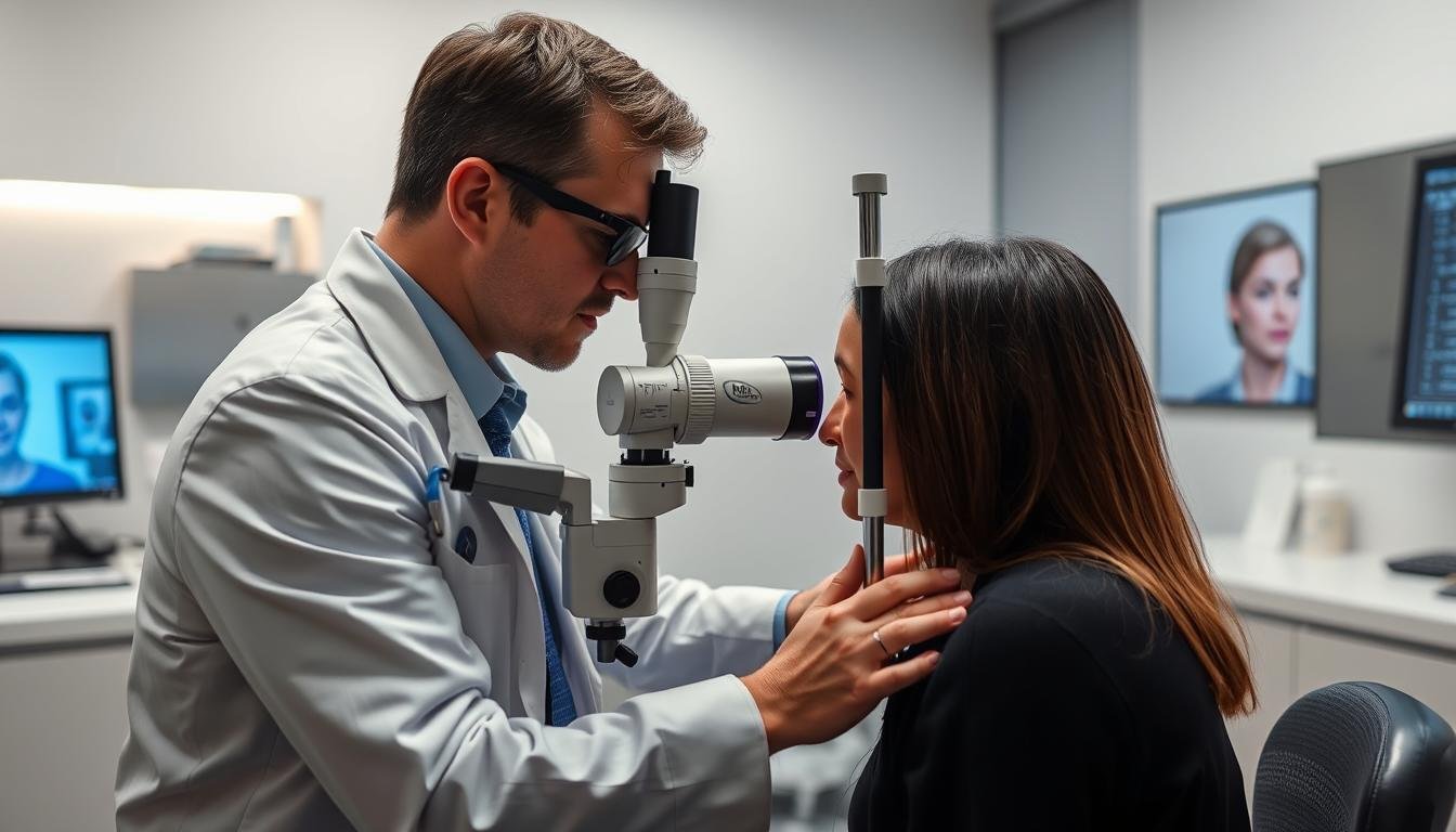 Professional Iridologist examining a client's iris with specialized equipment