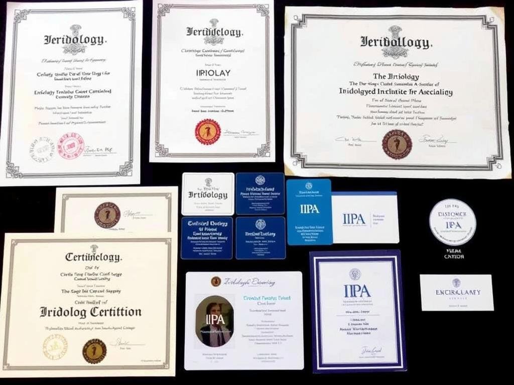 Professional certification documents and badges from recognized iridology organizations