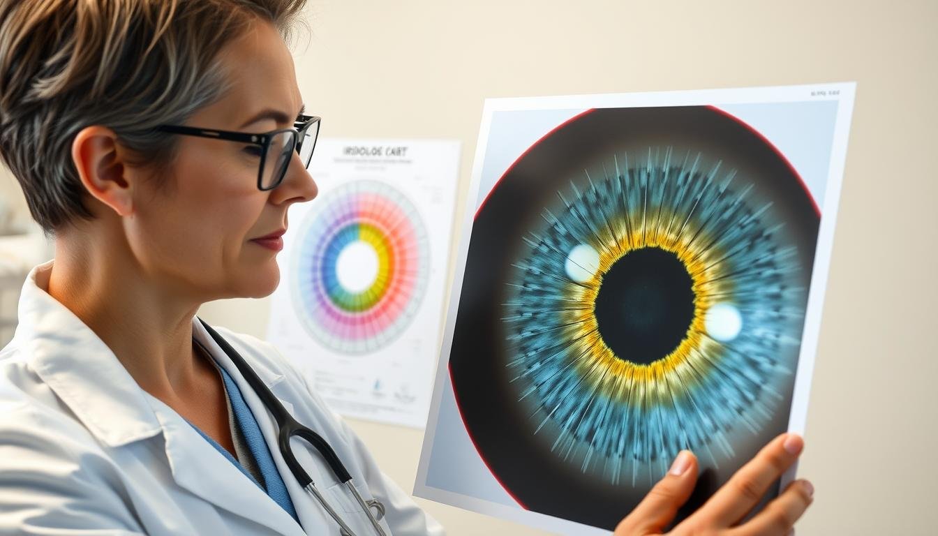 Professional iridologist analyzing an iridology chart with detailed iris patterns