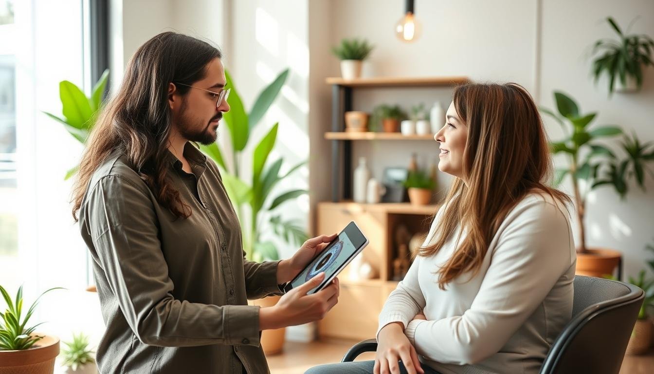 Professional iridologist consulting with a client in a wellness center