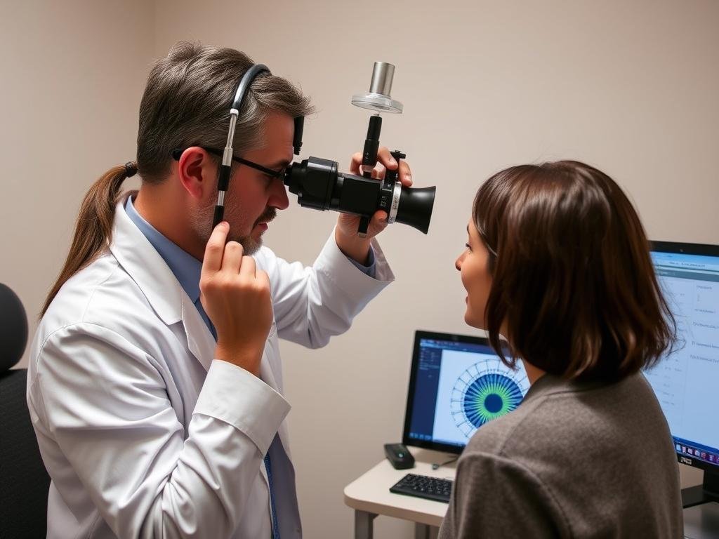 Professional iridologist demonstrating proper camera positioning for accurate chart analysis