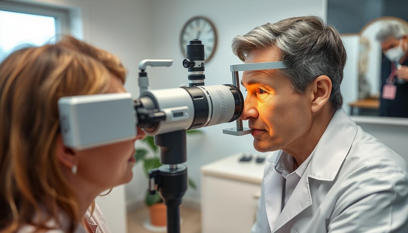 Professional iridologist examining a client's iris with specialized equipment, demonstrating iridology certification in practice