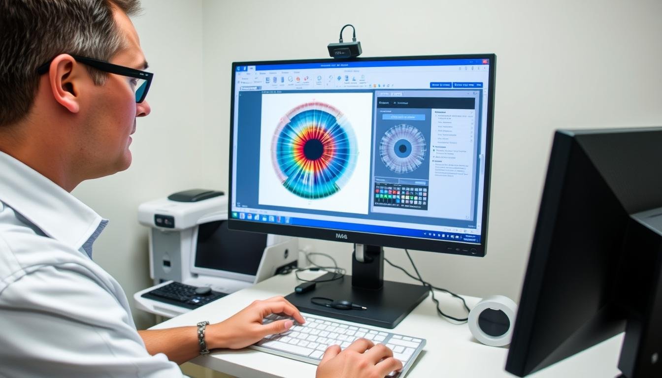 Professional iridologist examining a digital iris image on computer screen
