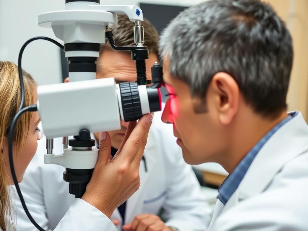 Professional iridologist examining a patient's iris