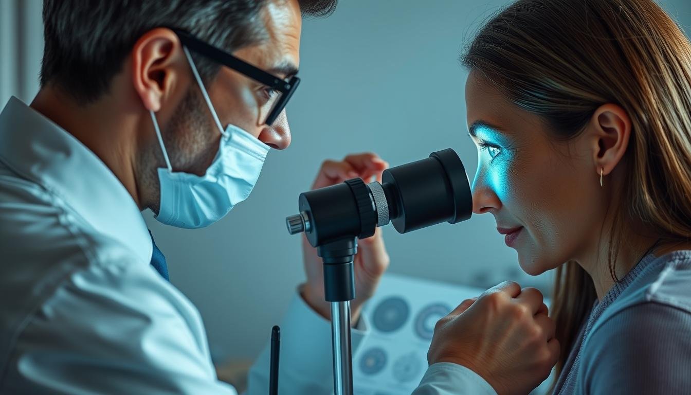 Professional iridologist examining a right eye using specialized equipment and iridology chart
