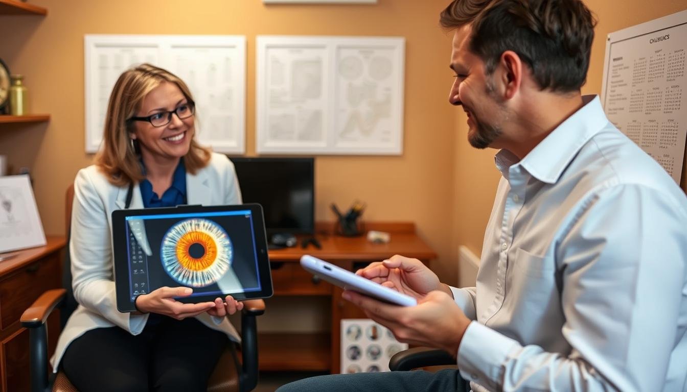 Professional iridologist examining iridology chart right eye patterns