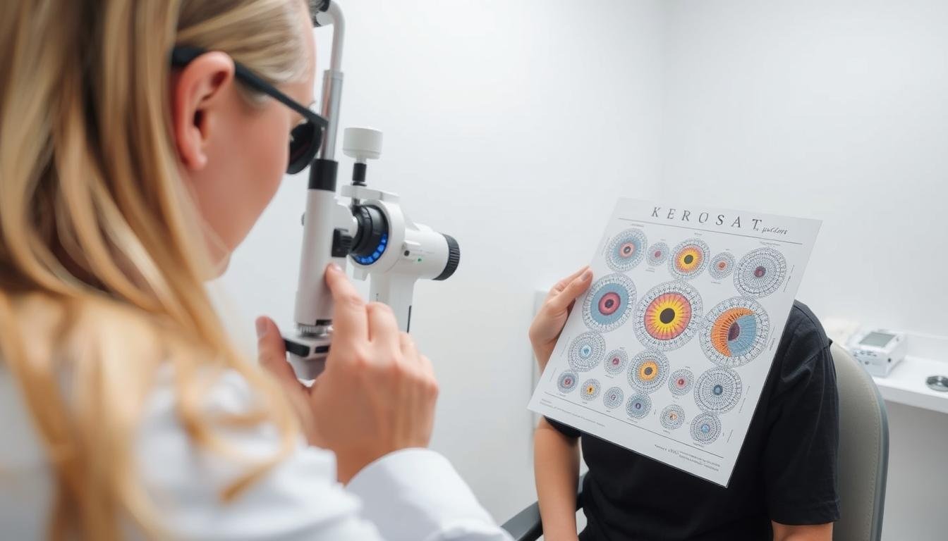 Professional iridologist examining patient's iris with specialized equipment
