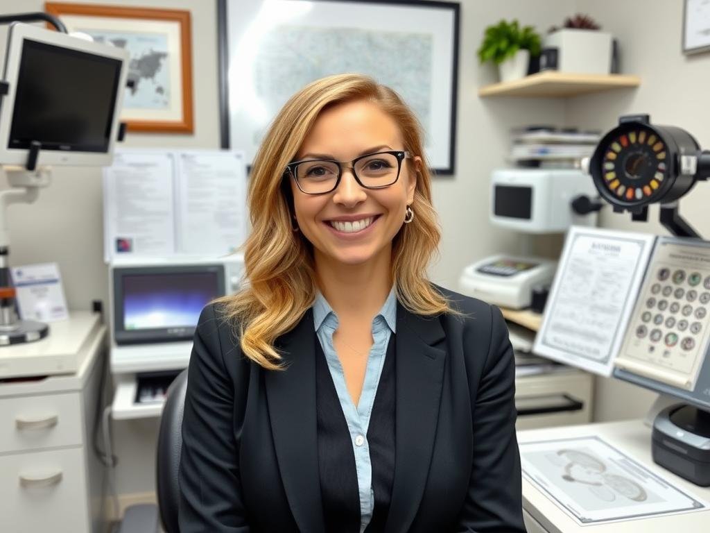 Professional iridologist in their consultation room with equipment