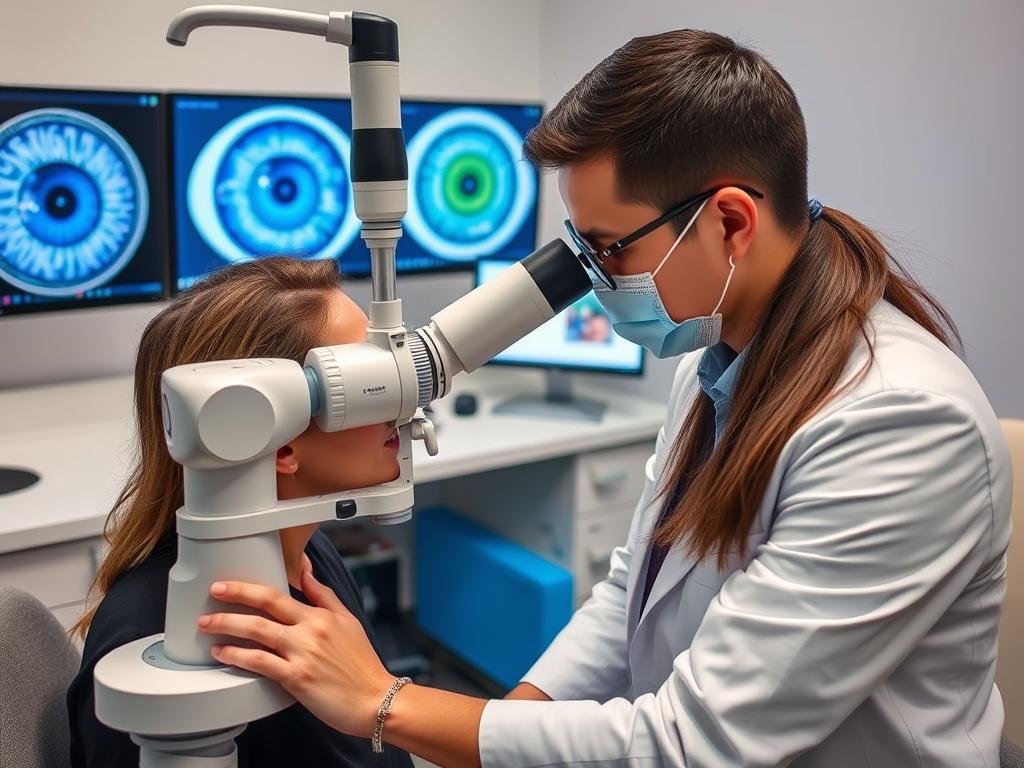 Professional iridologist using digital equipment to analyze a client's iris