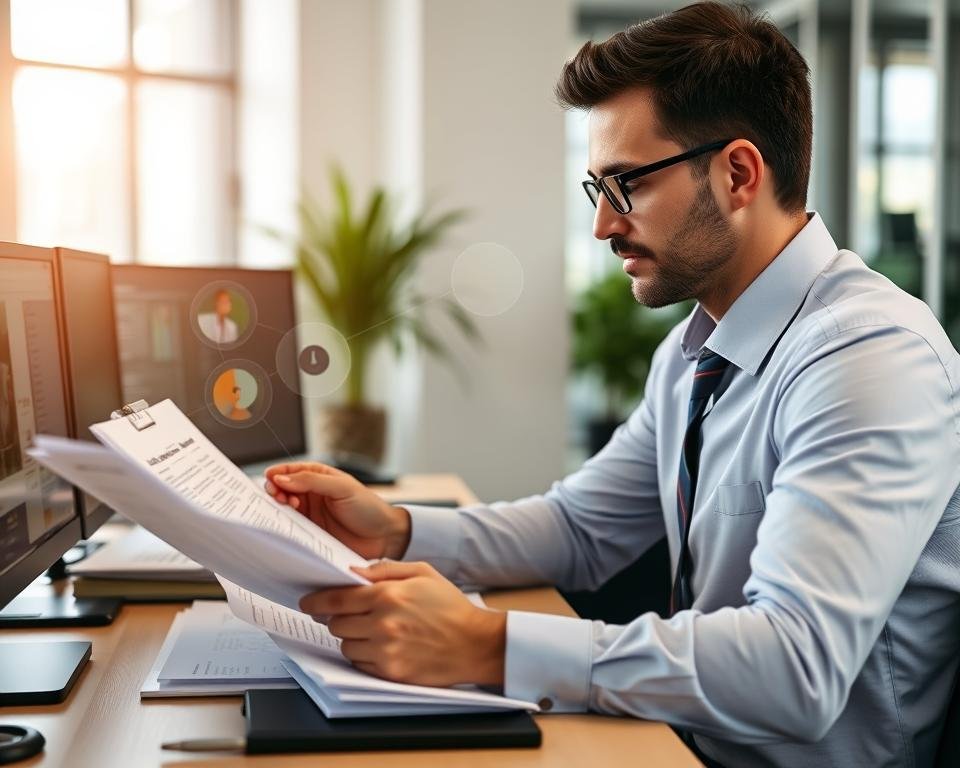 Professional using Eye Reading techniques to review multiple documents efficiently