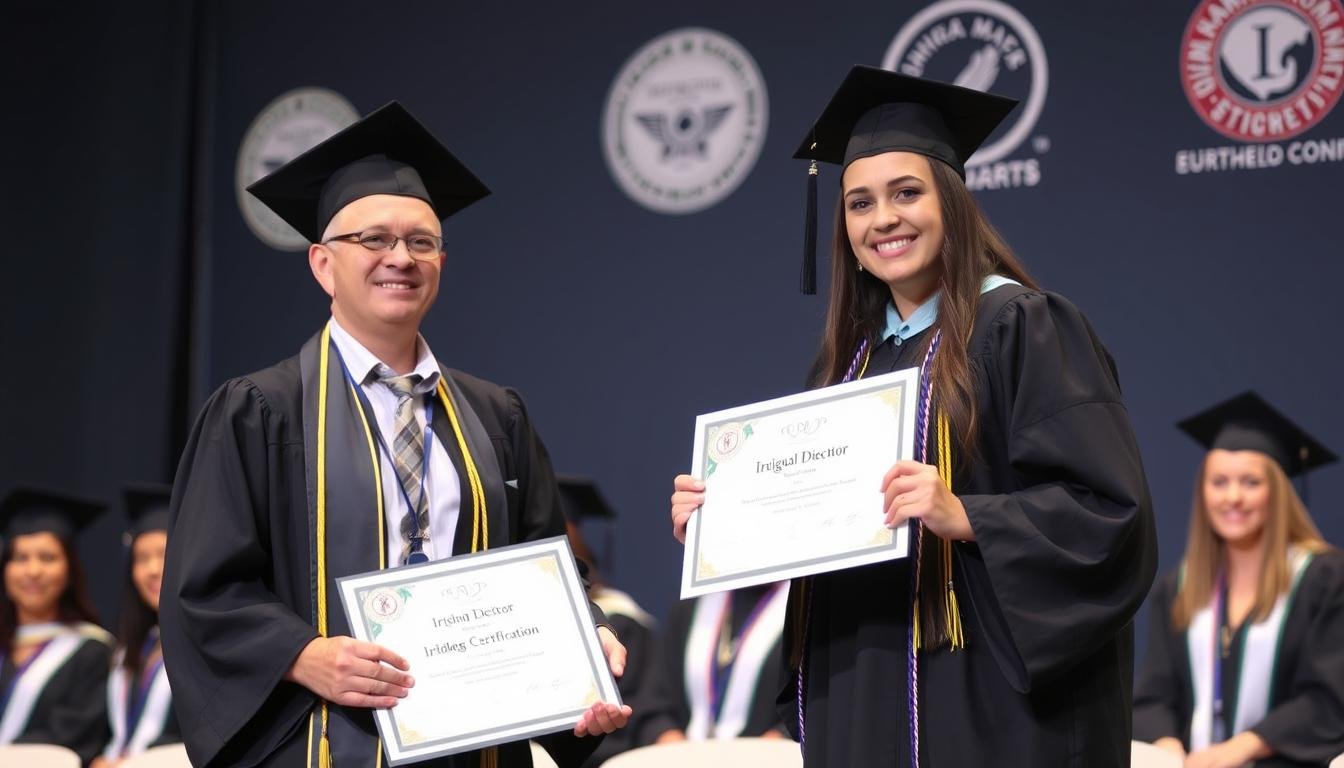 Proud graduate receiving iridology certification diploma, representing the culmination of professional training