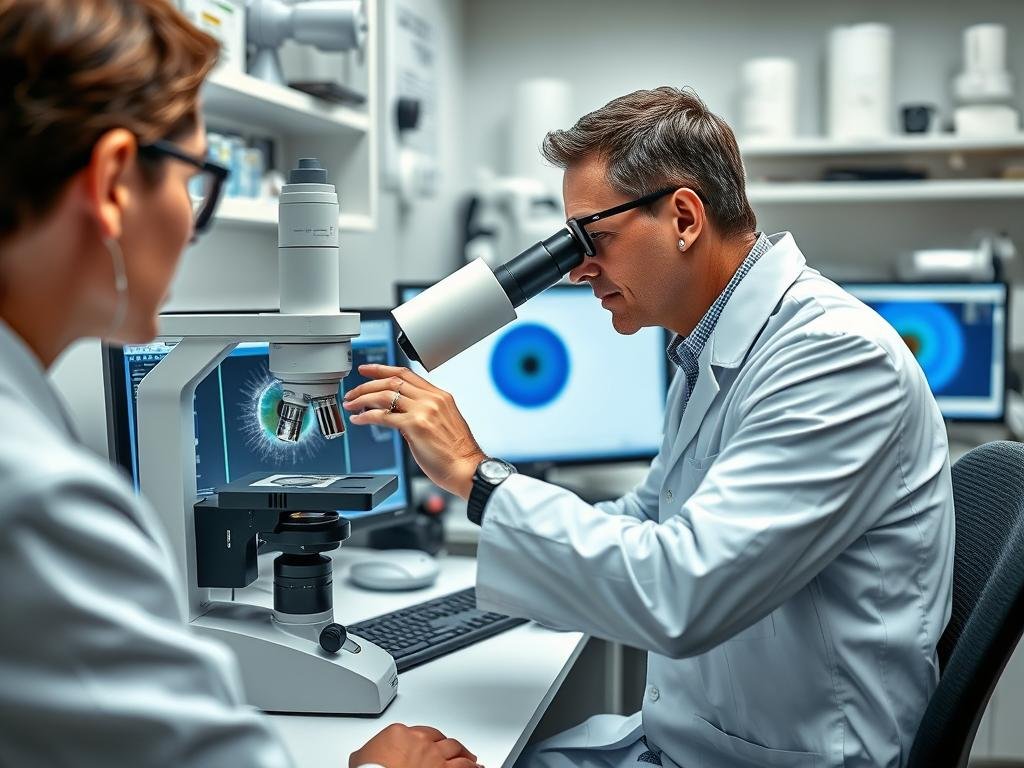 Researcher examining iris patterns in a laboratory setting Researcher examining iris patterns in a laboratory setting