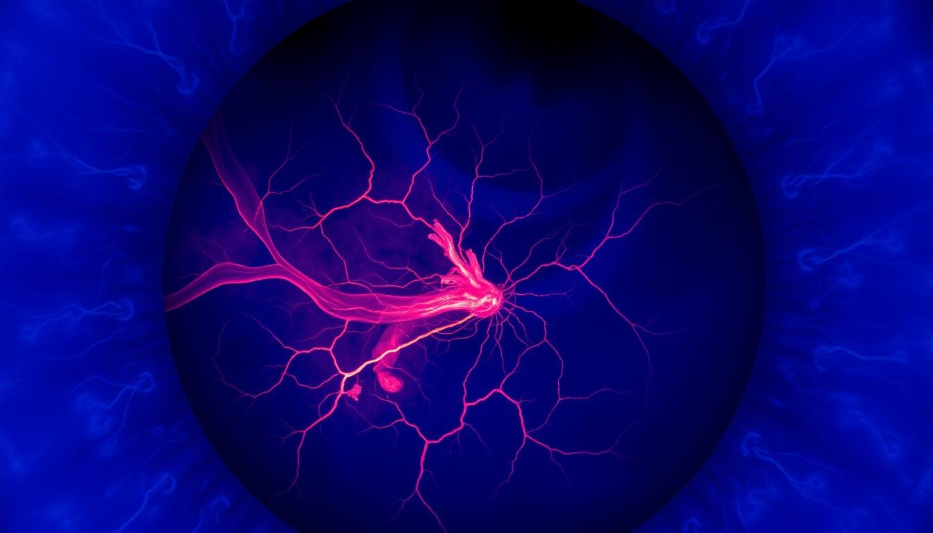 Retinal scan showing blood vessels and optic nerve during eye reading