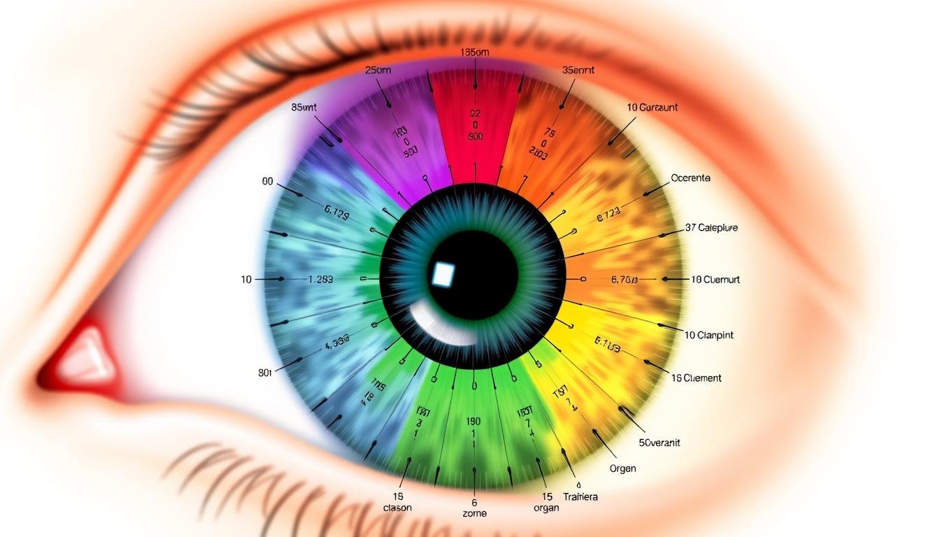 Right Iris in Iridology Chart showing colored zones and markings