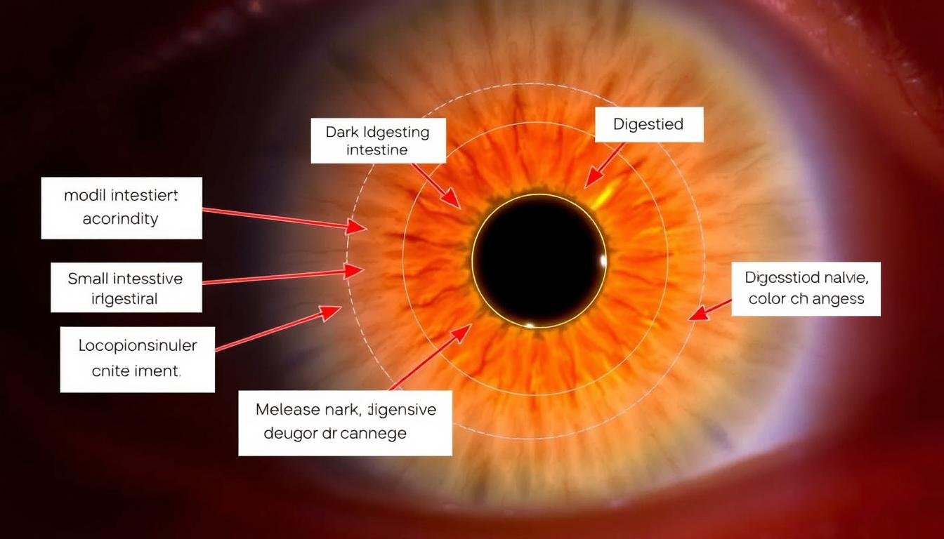 Right eye iris showing distinctive patterns in the digestive system zones with practitioner analysis