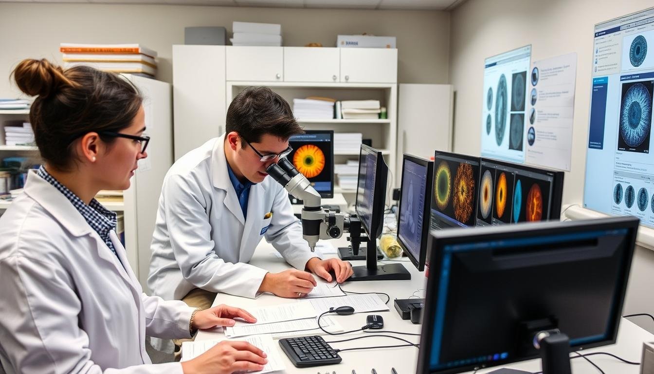 Scientific research being conducted on iridology techniques in a laboratory setting