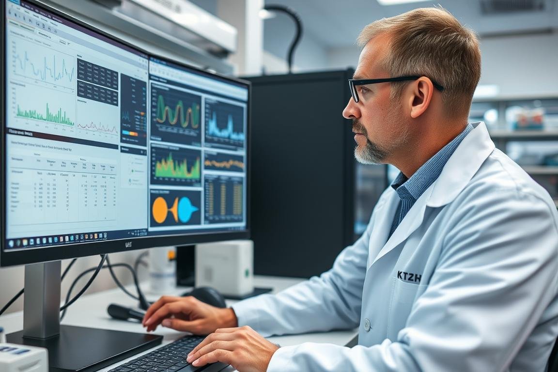 Scientific researcher analyzing medical test results in laboratory