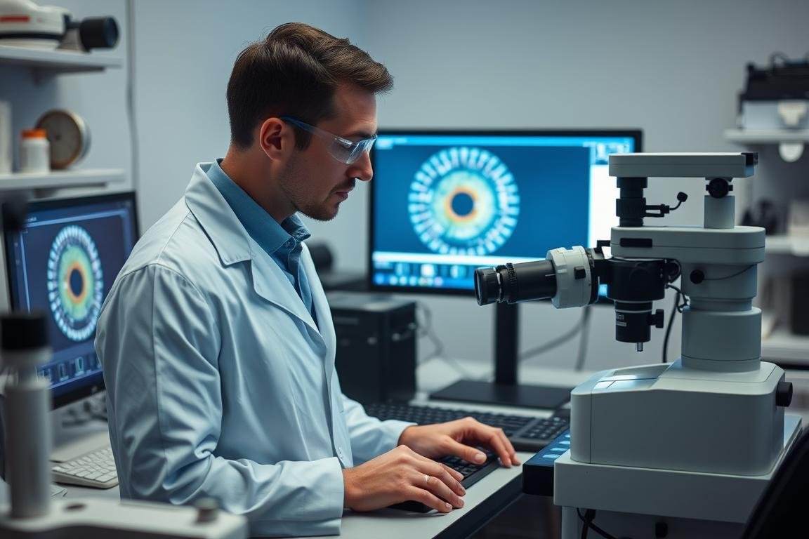 Scientific researcher examining iridology claims in laboratory setting