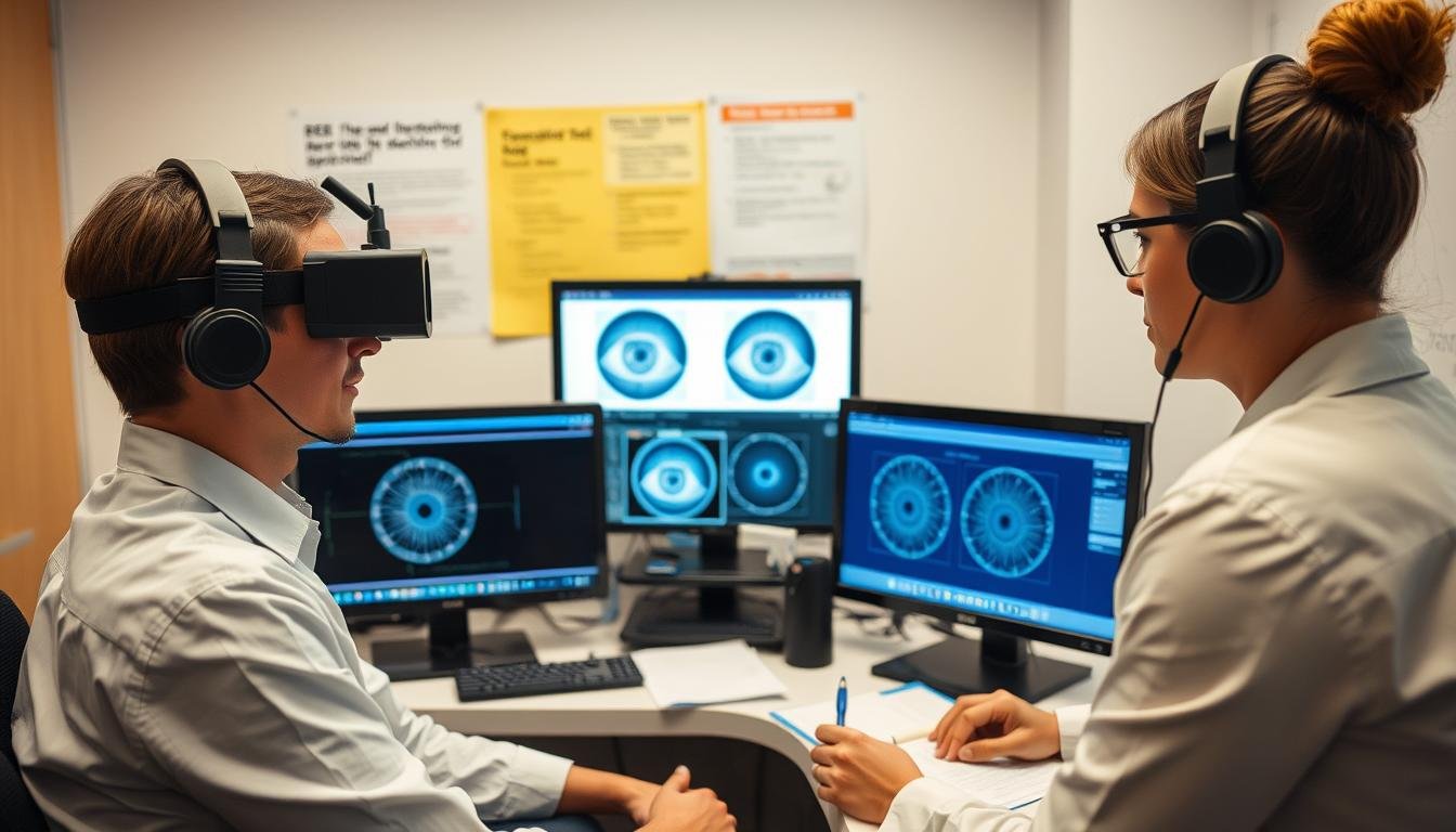 Scientific study setting showing eye movement tracking during truth-telling and deception scenarios