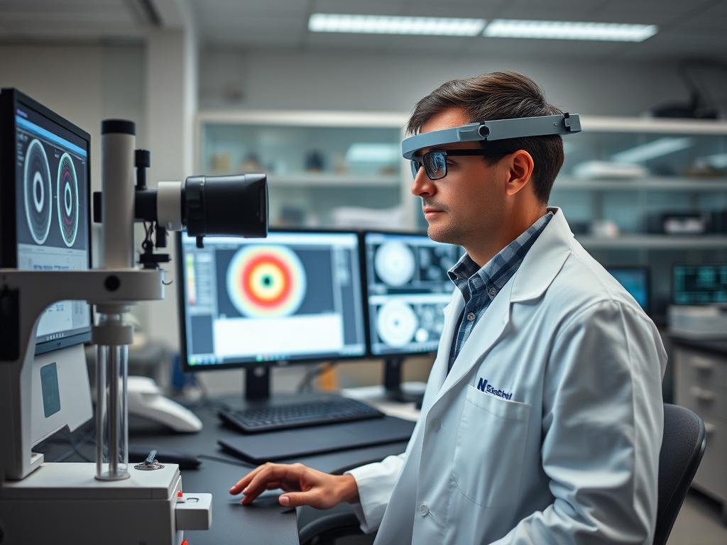 Scientist conducting research on Eye Reading validity with experimental equipment