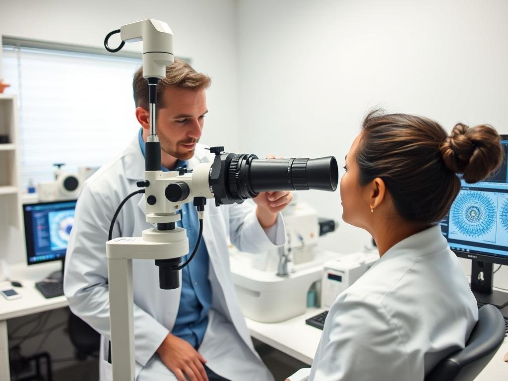 Scientist examining iris patterns in a research laboratory setting