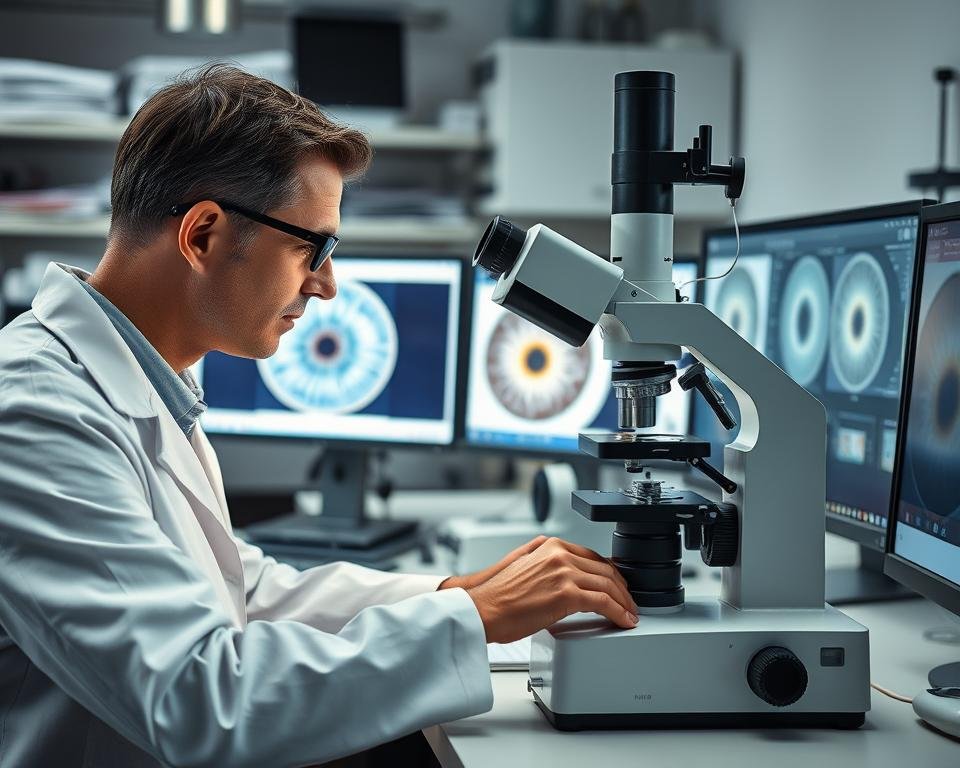 Scientist examining iris patterns under microscope for Right Eye Iridology research