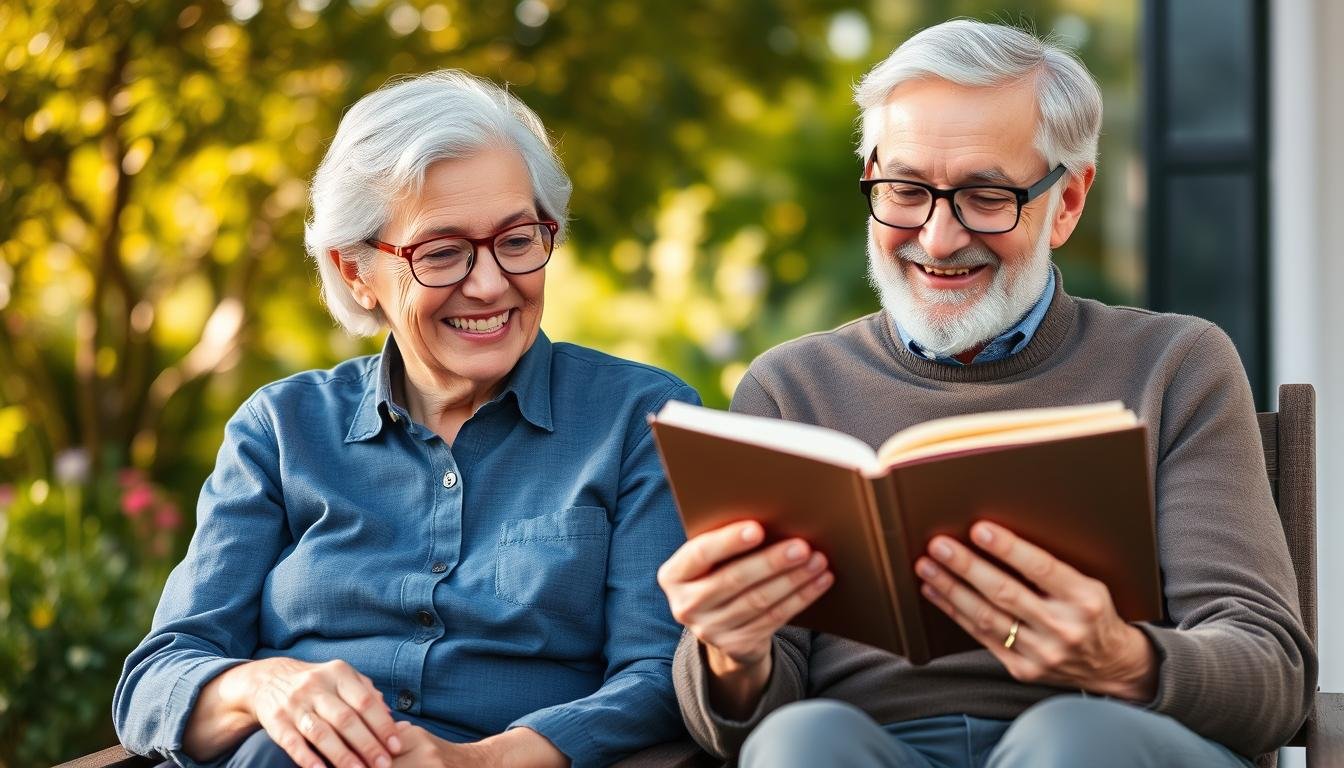 Senior couple enjoying clear vision while reading together outdoors