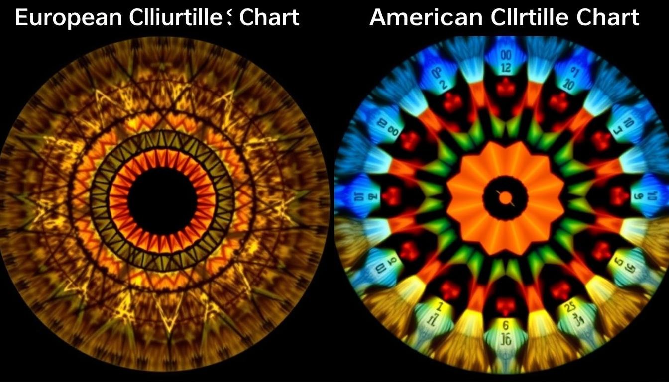 Side-by-side comparison of European and American iridology charts