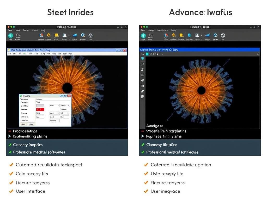 Side-by-side comparison of basic and advanced iridology software features