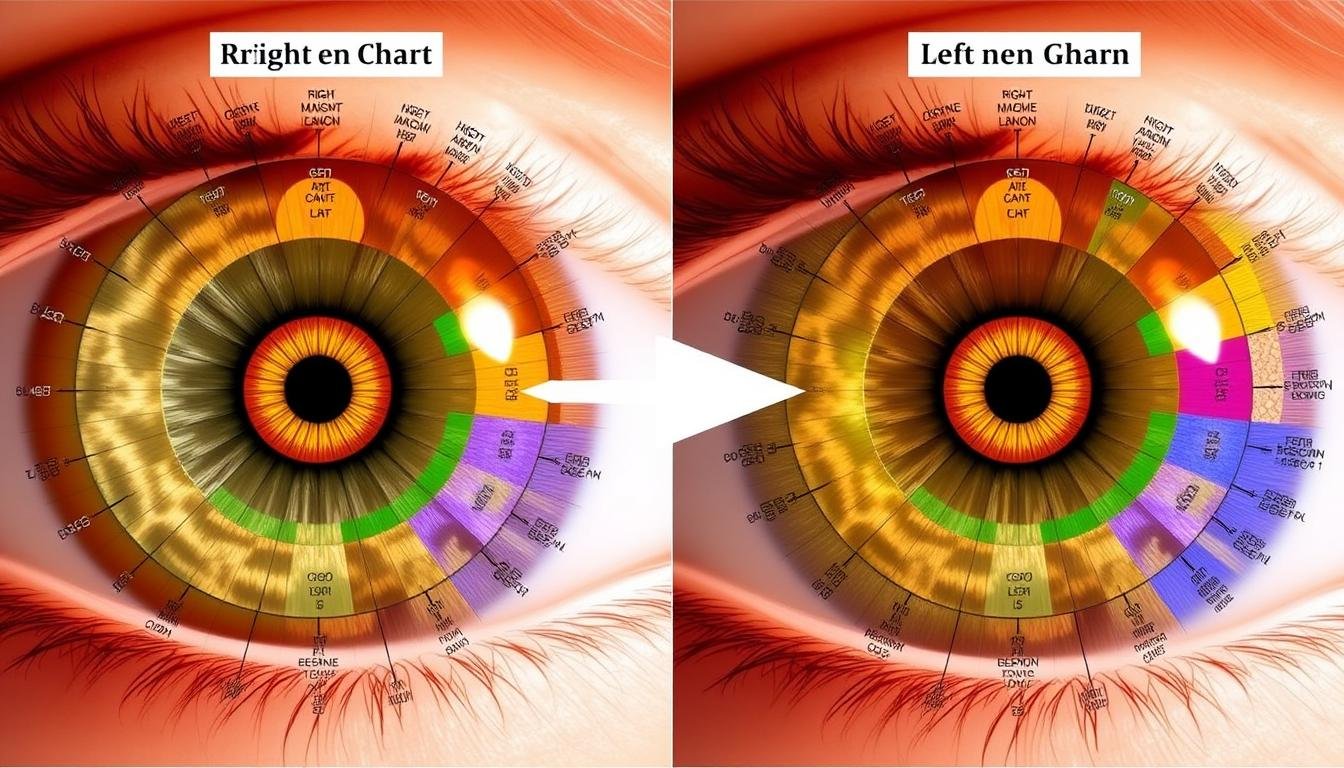 Side-by-side comparison of iridology chart right eye versus left eye showing key differences