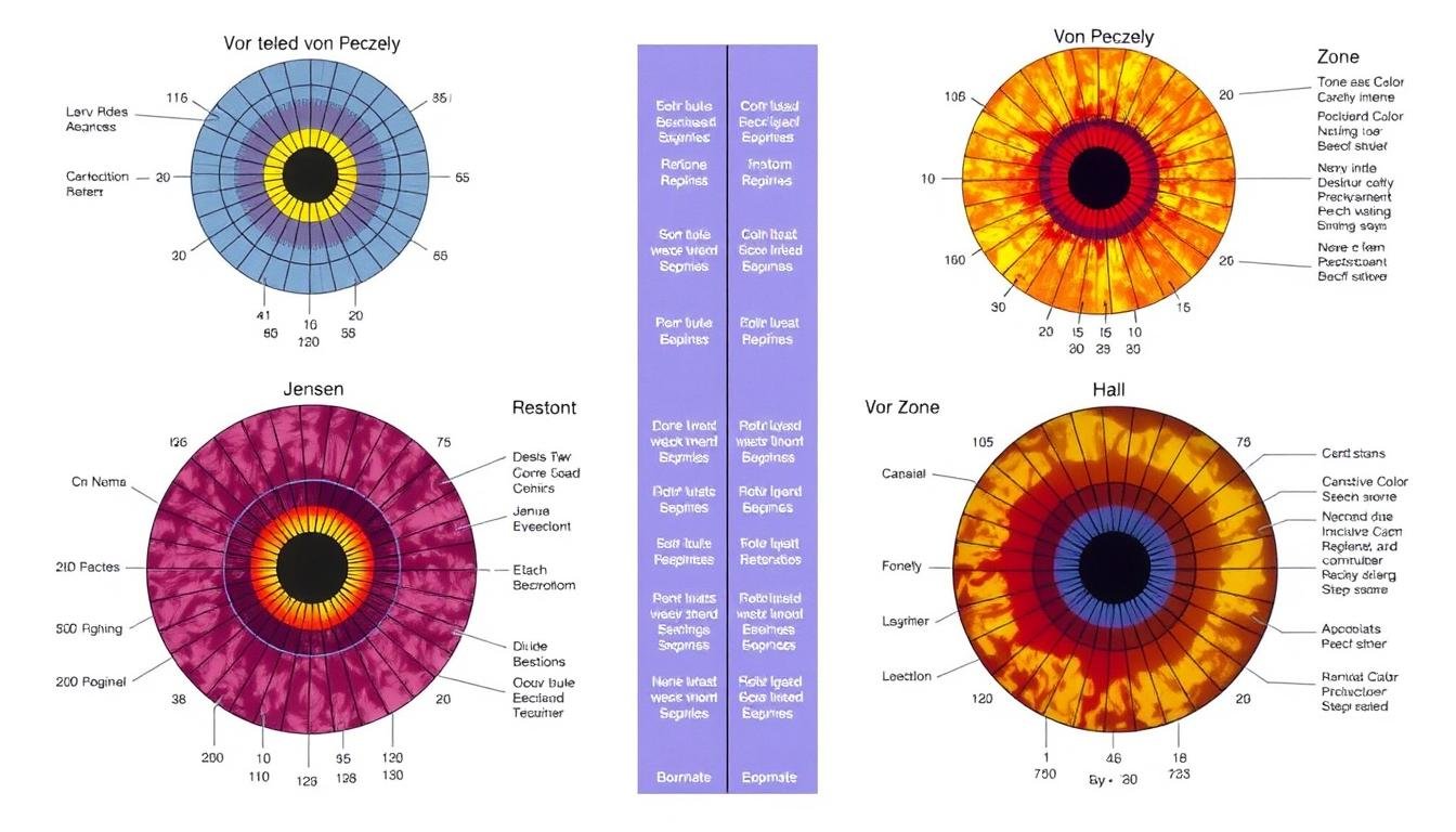Side-by-side comparison of major iridology chart systems