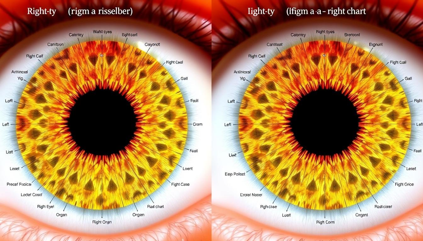 Side-by-side comparison of right and left eye iridology charts showing different organ mappings